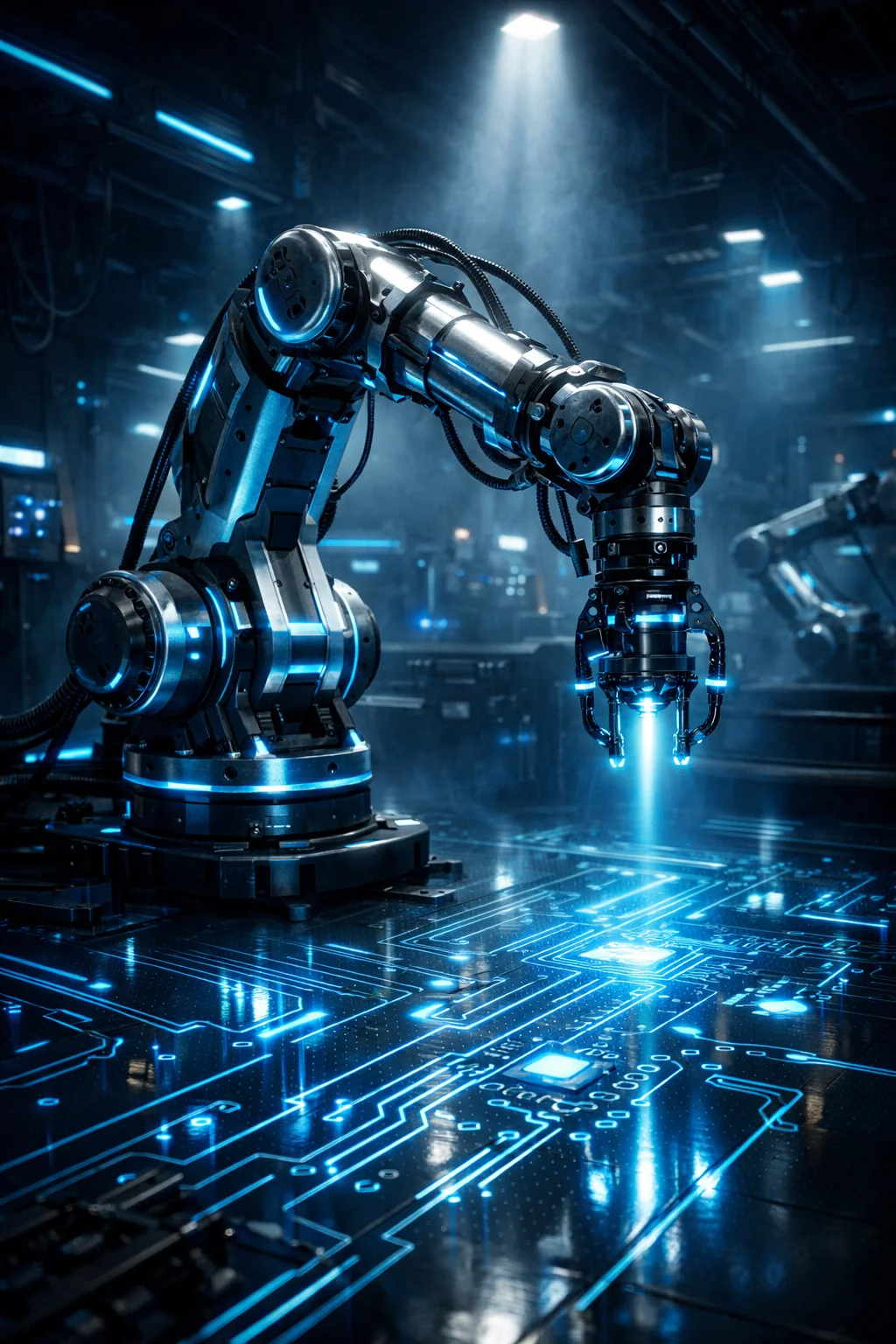 Advanced industrial robotic arm with electric blue neon lighting in automated factory