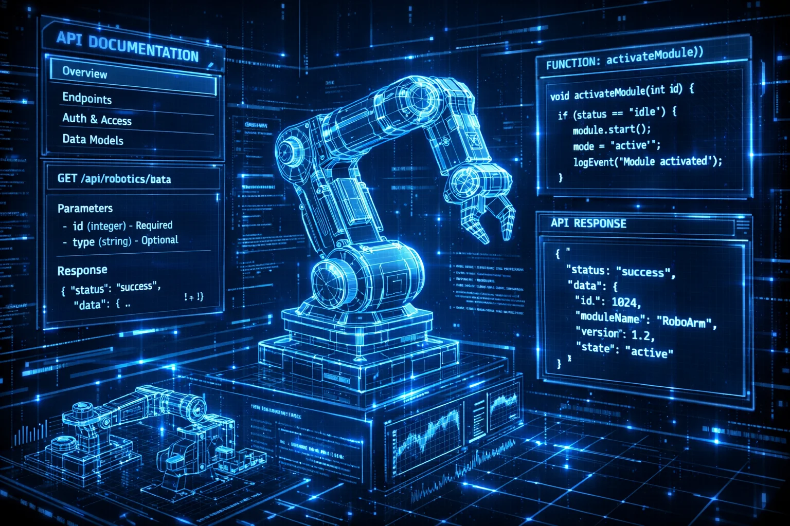 Holographic technical documentation display with wireframe schematics, API documentation, and code interfaces