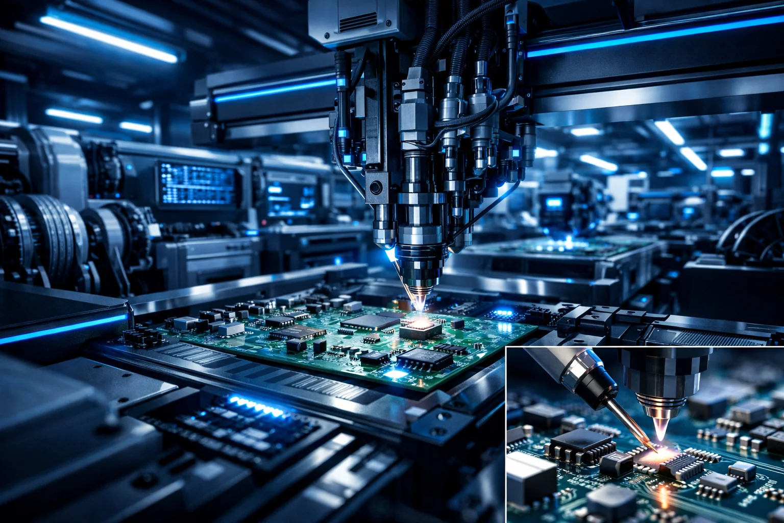 Precision robotic system performing automated circuit board assembly and soldering in electronics factory
