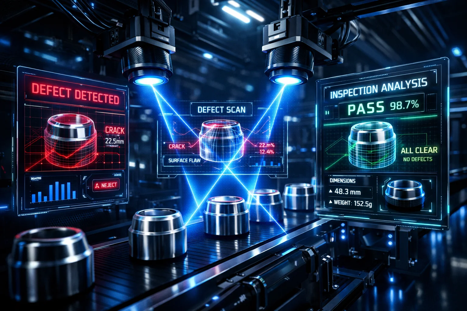 AI-powered quality inspection system with laser scanning and computer vision analyzing manufactured components