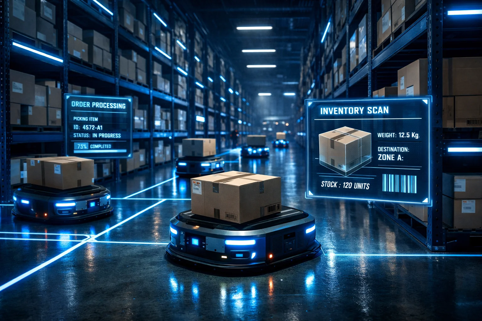 Autonomous mobile robots navigating warehouse aisles with intelligent routing and inventory scanning capabilities